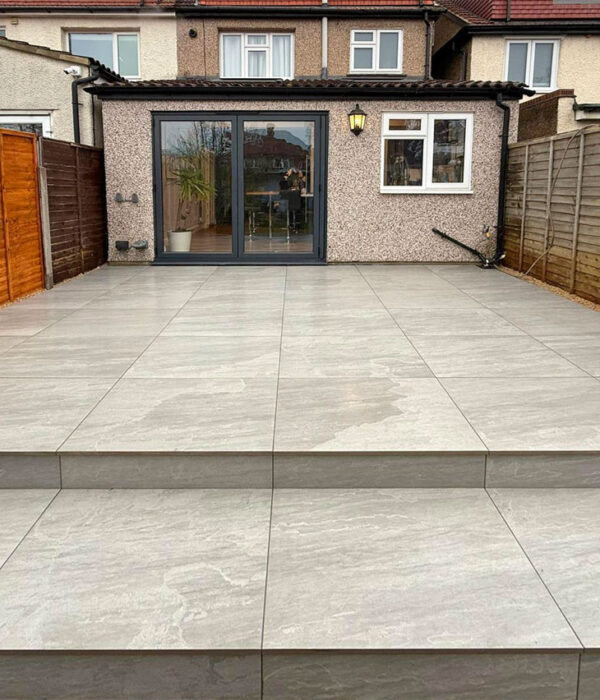 Porcelain Patio with Steps, Bromley. Award-Winning Paving