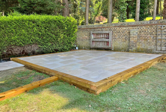 Raised Indian Sandstone Patio, Royal Tunbridge Wells. Award-Winning Paving