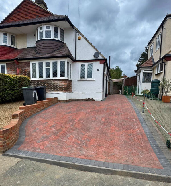 Block paving driveway, view from pavement