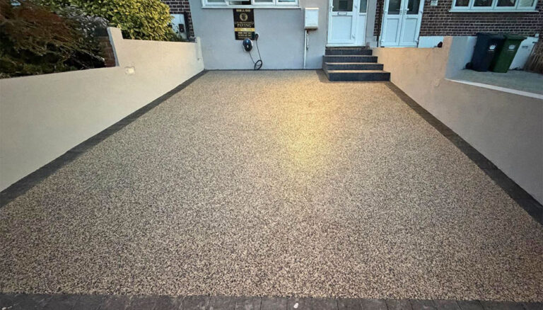 Evening shot of resin bound gravel driveway and steps Resin Gravel Driveway and Steps, Widmore, Bromley. Award-Winning Paving